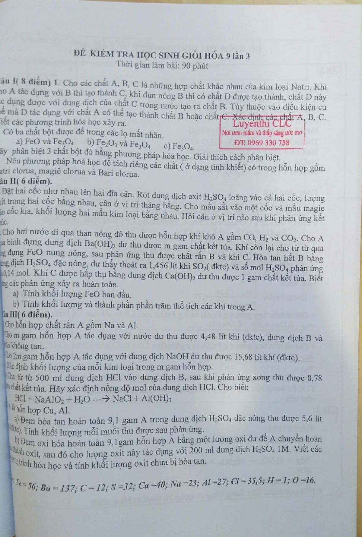 Đề kiểm tra HSG h&oacute;a 9 lần 3