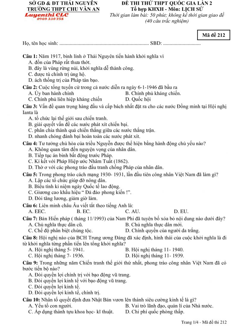 Đề thi thử THPT Quốc Gia lần 2 môn Lịch Sử - mã đề 212 Trường THPT Chu Văn An tỉnh Thái Nguyên