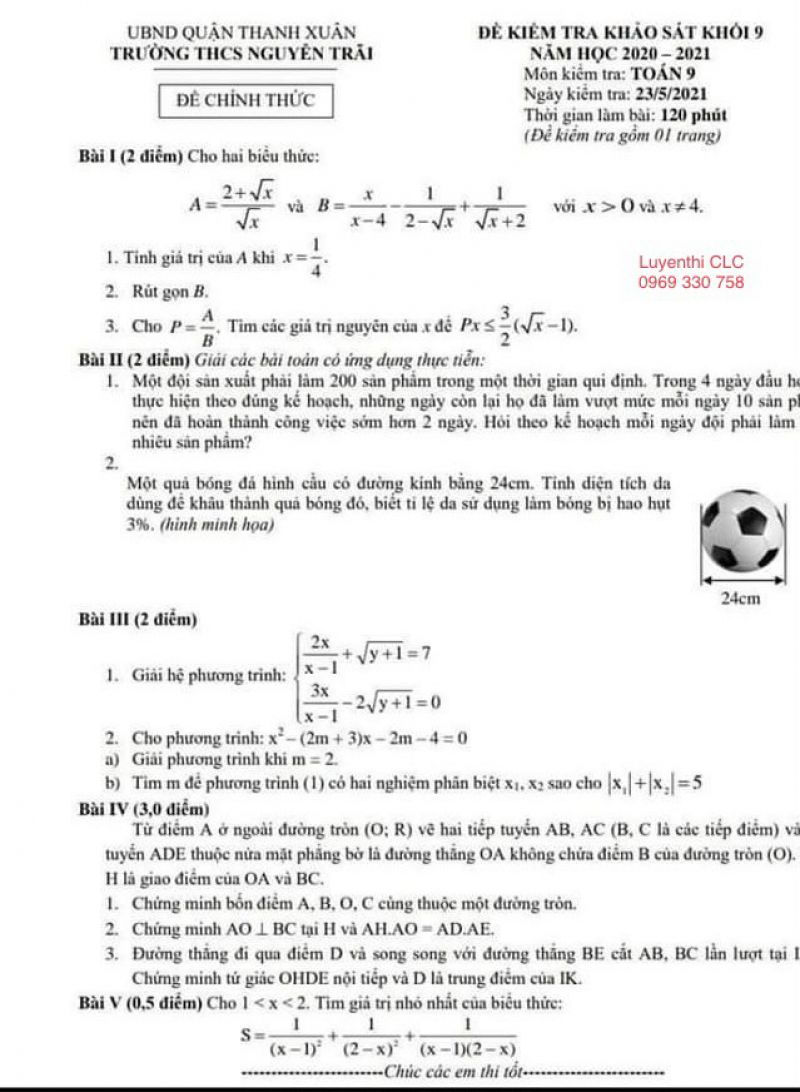 Đề kiểm tra khảo sát môn Toán khối 9 Trường THCS Nguyễn Trãi, quận Hai Bà Trưng, Hà Nội năm 2021