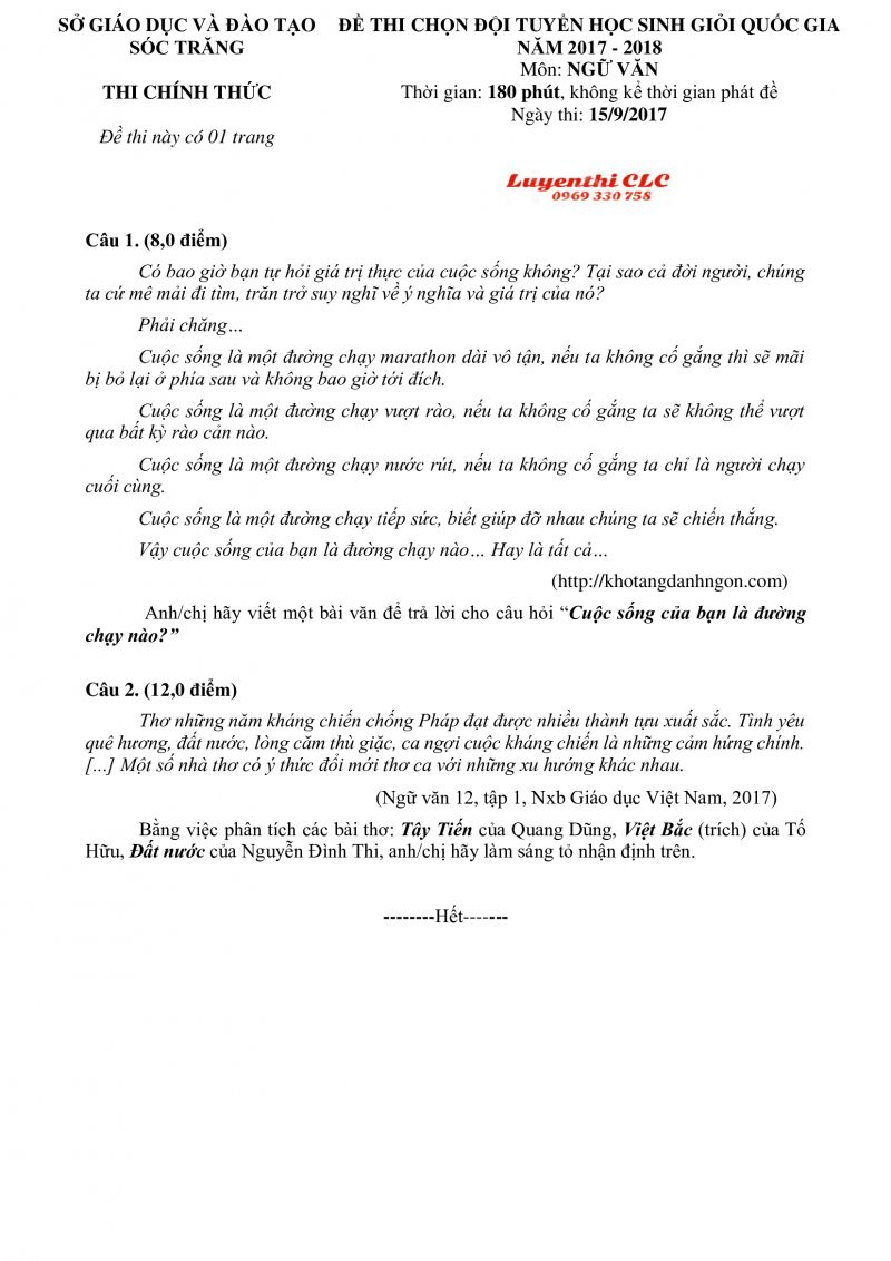 Đề thi chọn đội tuyển HSG Quốc Gia môn Ngữ Văn tỉnh Sóc Trăng năm 2017