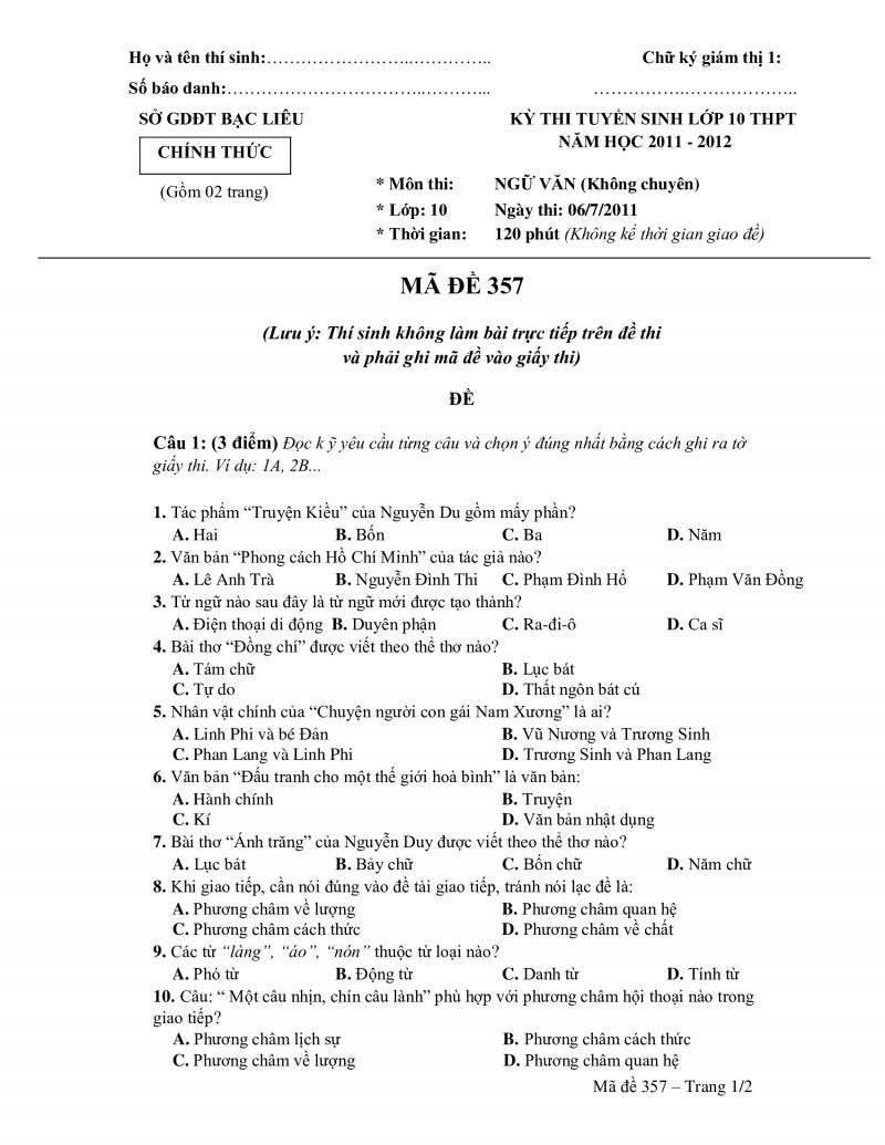 Đề thi tuyển sinh vào lớp 10 THPT môn Ngữ Văn tỉnh Bạc Liêu năm 2011