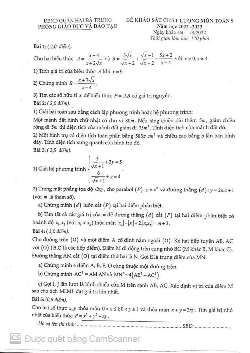 Đề khảo sát chất lượng và đáp án môn Toán lớp 9 quận Hai Bà Trưng, Hà Nội năm 2023