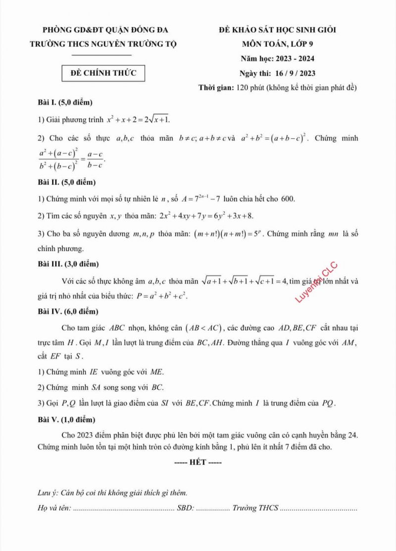 Đề thi khảo sát môn Toán lớp 9 Trường THCS Nguyễn Trường Tộ, quận Đống Đa, Hà Nội năm 2023