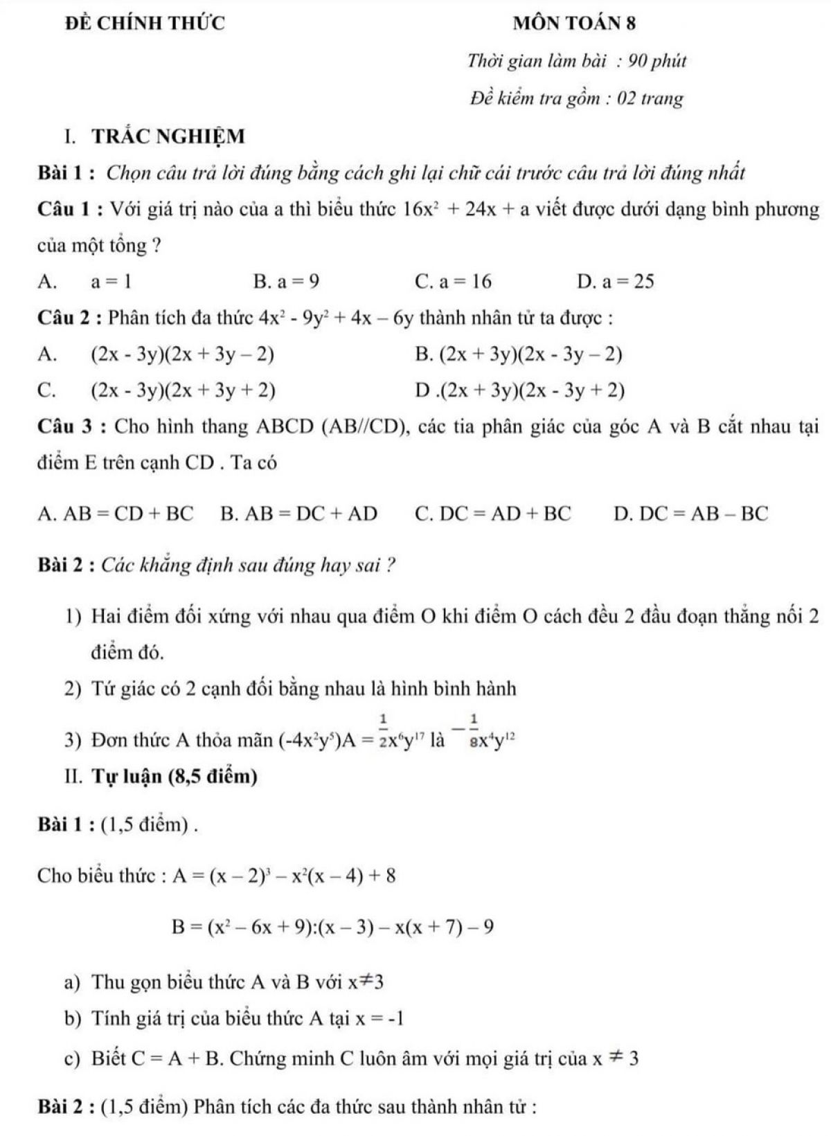 Đề kiểm tra môn Toán lớp 8