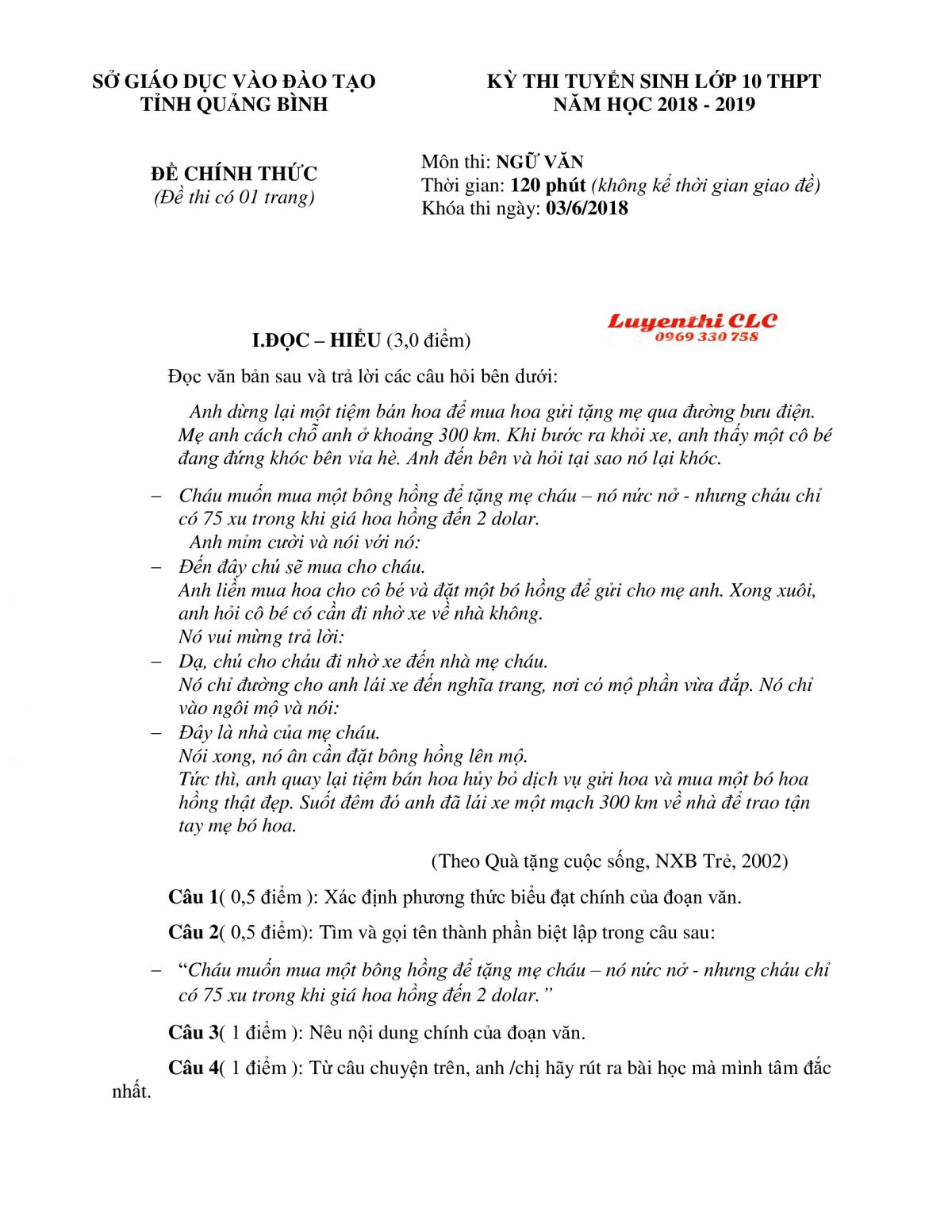 Đề thi tuyển sinh vào lớp 10 THPT môn Ngữ Văn tỉnh Quảng Bình năm 2018