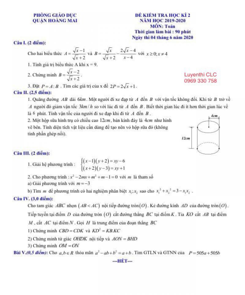 Đề kiểm tra học kì II môn Toán lớp 9 quận Hoàng Mai, Hà Nội năm 2020