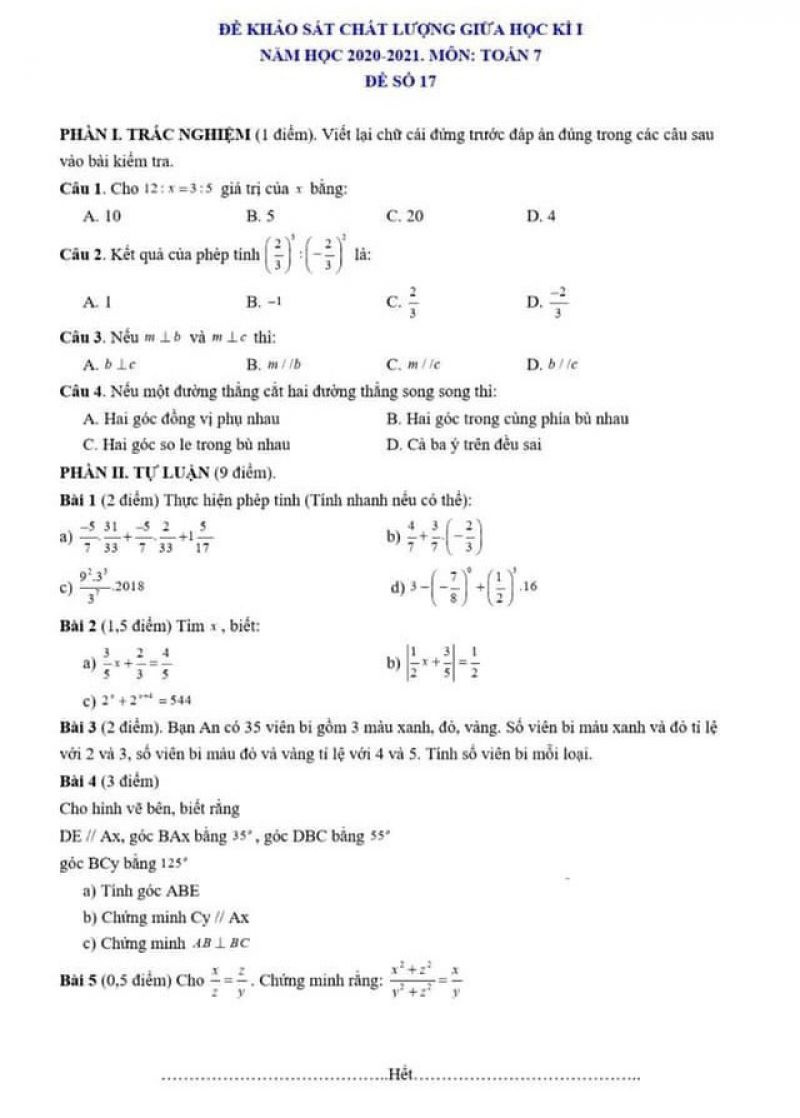 Đề thi khảo sát chất lượng giữa học kì I môn Toán lớp 7 năm 2021. Đề số 17