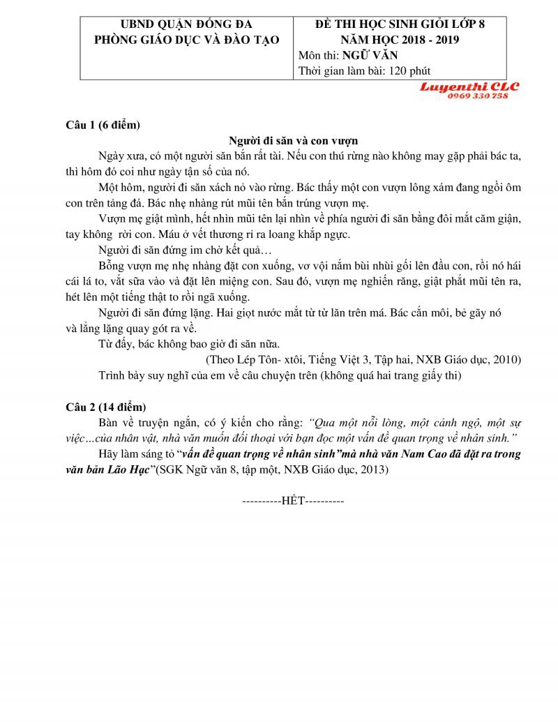 Đề thi HSG m&ocirc;n Ngữ Văn lớp 8 quận Đống Đa, H&agrave; Nội năm 2019