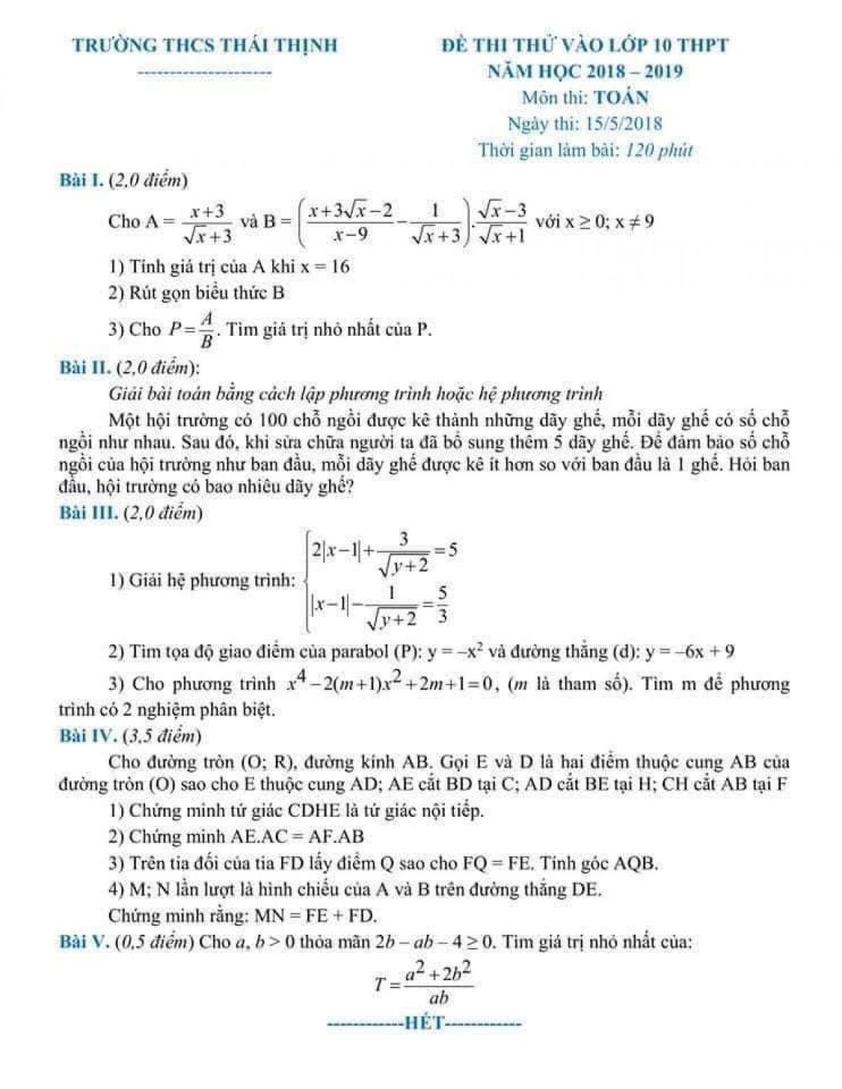 Đề thi thử v&agrave;o lớp 10 THPT m&ocirc;n To&aacute;n Trường THPT Th&aacute;i Thịnh năm 2018