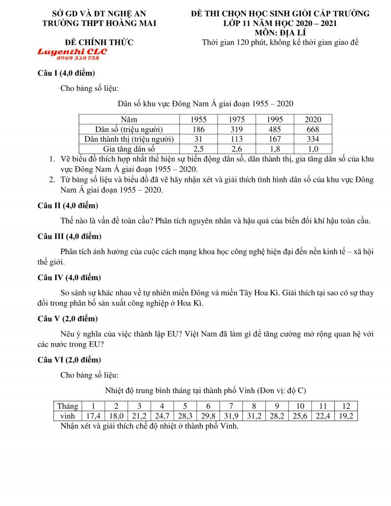 Đề thi chọn HSG môn Địa Lý lớp 11 Trường THPT Hoàng Mai, tỉnh Nghệ An năm 2021
