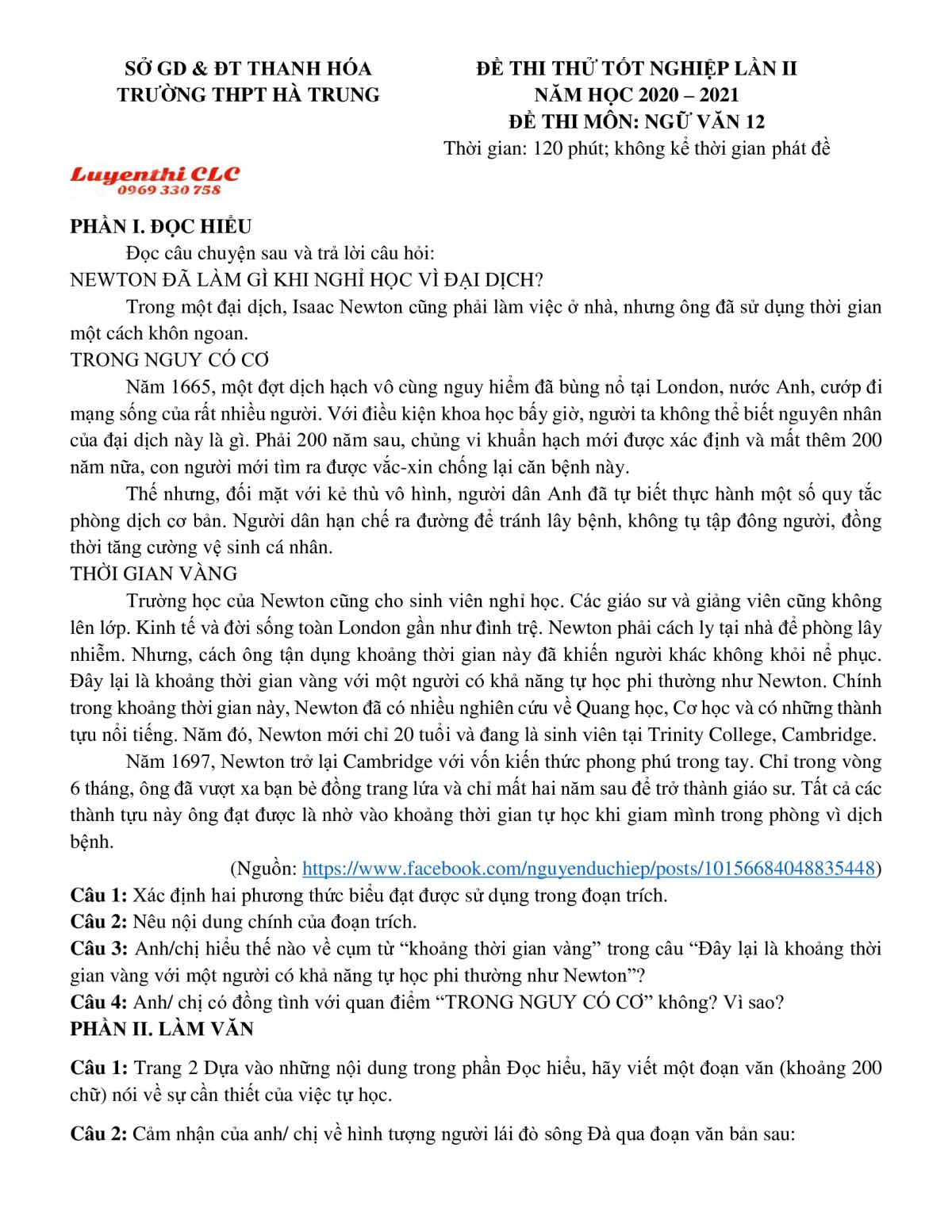 Đề thi thử tốt nghiệp m&ocirc;n Ngữ Văn lần 2 Trường THPT H&agrave; Trung tỉnh Thanh H&oacute;a năm 2022