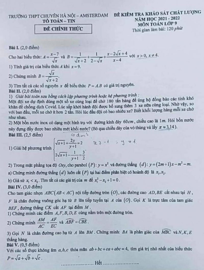 Đề kiểm tra khảo sát chất lượng môn Toán lớp 9 Trường THPT CHUYÊN Hà Nội Amsterdam năm 2022