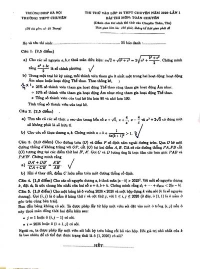 Đề thi thử To&aacute;n chuy&ecirc;n, Trường THPT chuy&ecirc;n Sư phạm lần 1, năm 2026