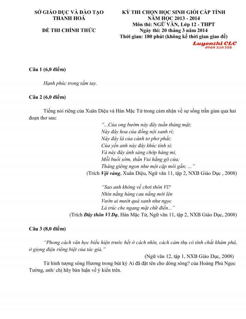 Đề thi chọn HSG môn Ngữ Văn lớp 12 tỉnh Thanh Hóa năm 2014