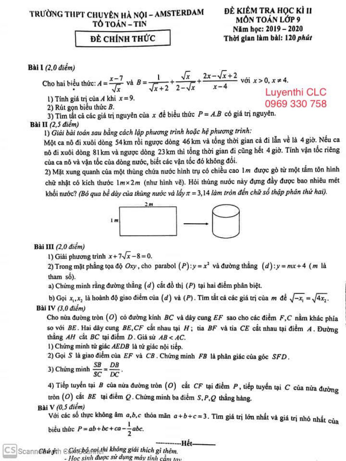 Đề kiểm tra học k&igrave; II M&ocirc;n To&aacute;n 9 Trường THPT CHUY&Ecirc;N H&agrave; Nội - Amsterdam năm 2020