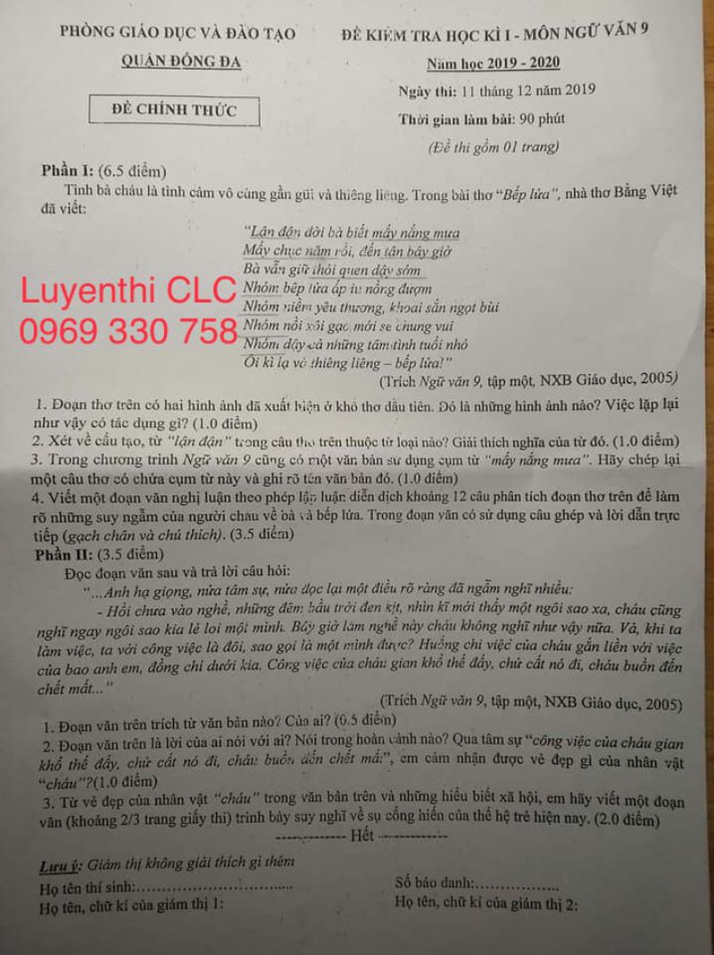 Đề kiểm tra học k&igrave; I m&ocirc;n NGỮ VĂN LỚP 9 - quận Đống Đa năm học 2019 - 2020