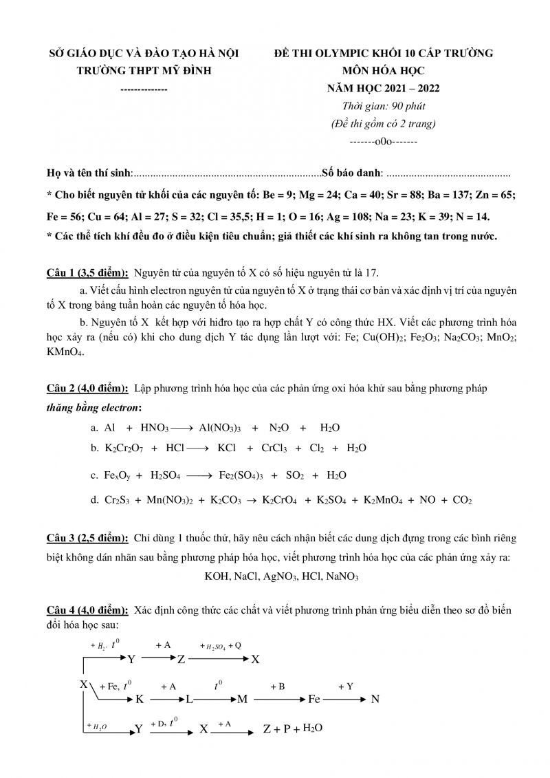 Đề thi Olymopic và đáp án môn Hóa Học khối 10 Trường THPT Mỹ Đình, Hà Nội năm 2022