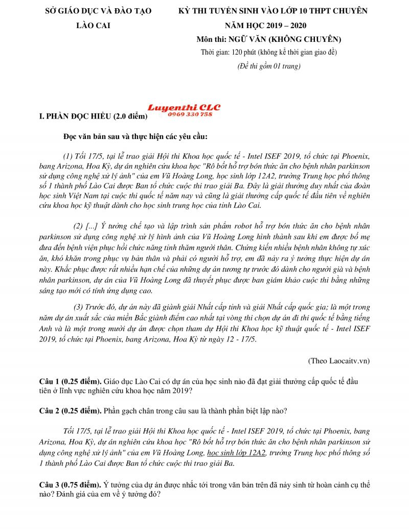 Đề thi tuyển sinh vào lớp 10 môn Ngữ Văn tỉnh Lào Cai năm 2019