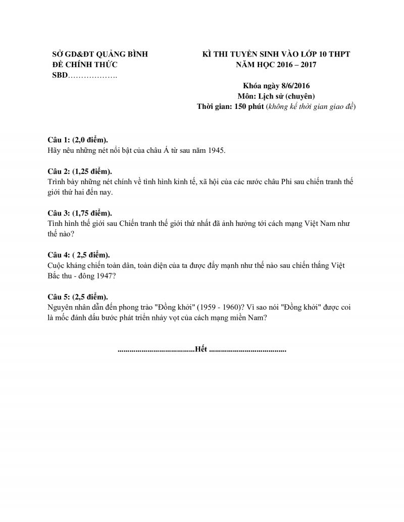 Đề thi tuyển sinh v&agrave;o lớp 10 THPT m&ocirc;n Lịch Sử tại Quảng B&igrave;nh năm 2016