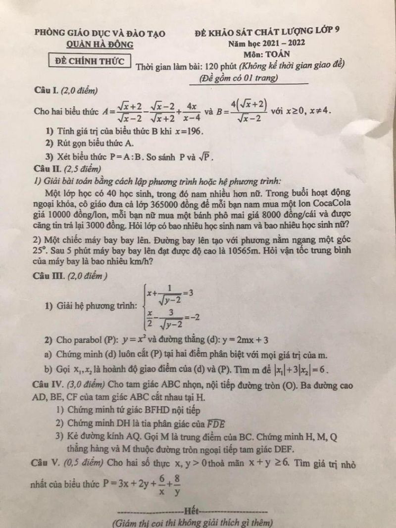 Đề khảo sát chất lượng môn Toán lớp 9 quận Hà Đông, Hà Nội năm 2022