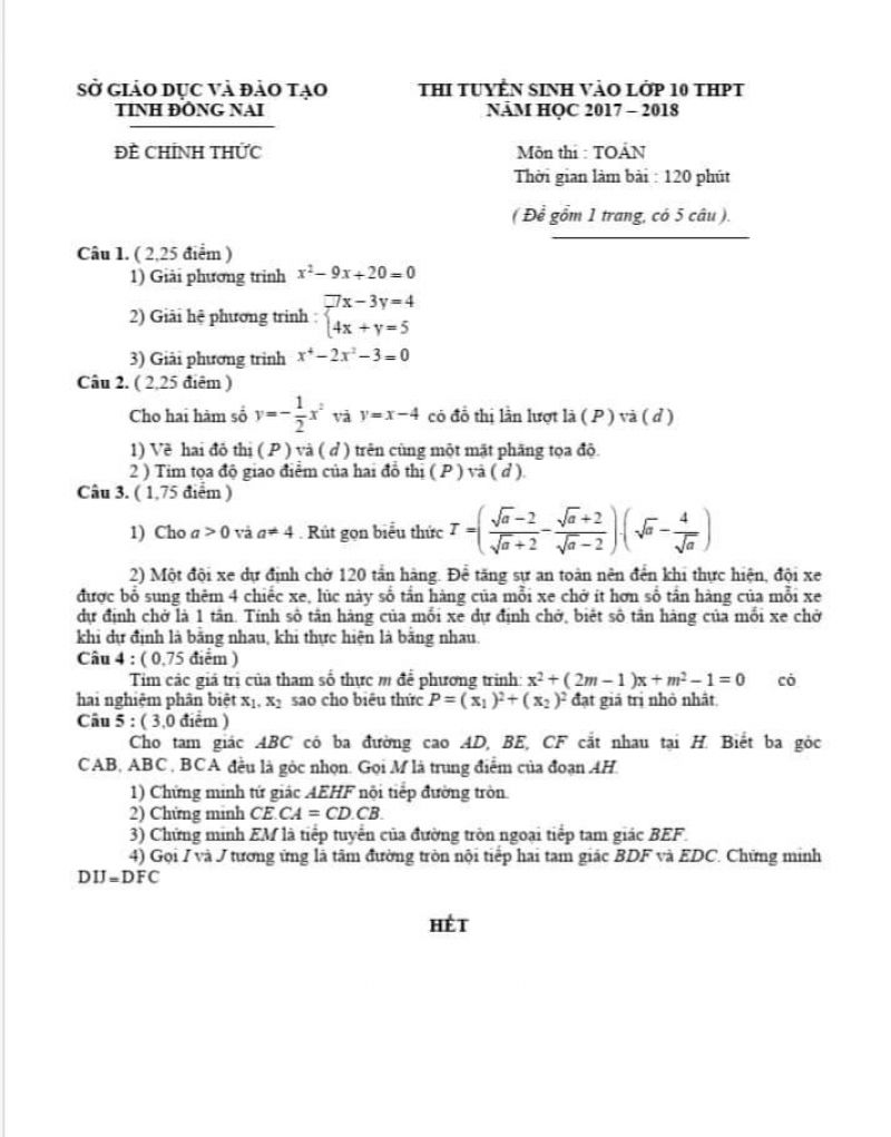Đề thi tuyển sinh vào lớp 10 THPT và đáp án môn Toán tỉnh Đồng Nai năm 2018