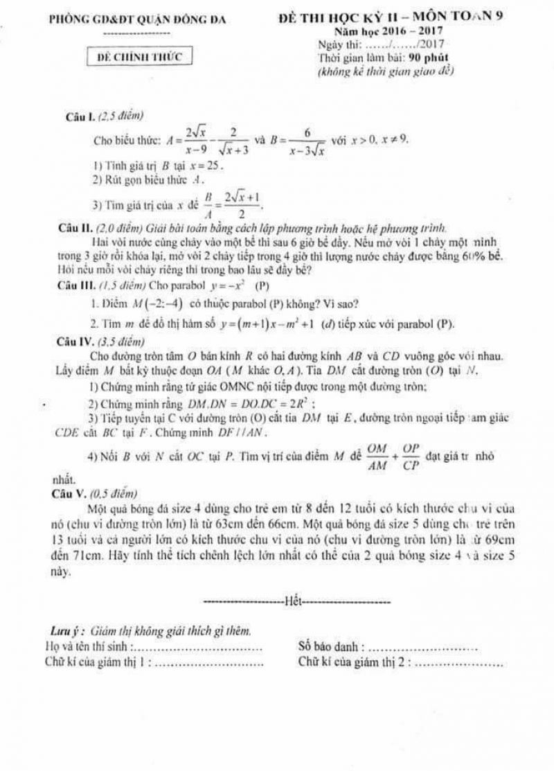 Đề thi học kì 2 môn Toán lớp 9 quận Đống Đa, Hà Nội năm 2017