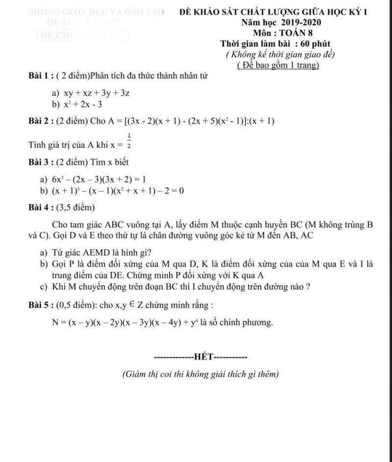 Đề khảo s&aacute;t chất lượng giữa học k&igrave; I  m&ocirc;n To&aacute;n lớp 8 năm 2019