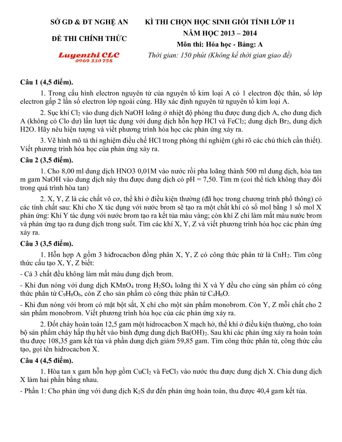 Đề thi chọn HSG môn Hóa Học lớp 11 tỉnh Nghệ An - Bảng A năm 2014