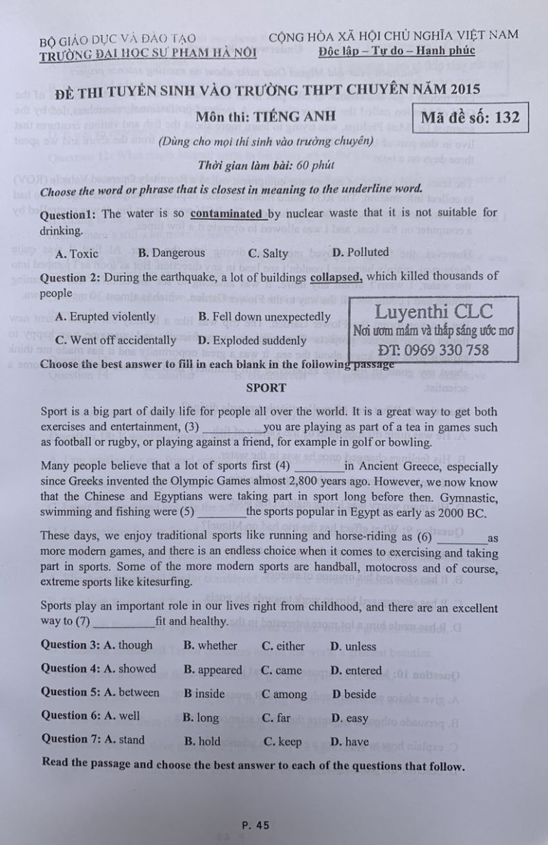 Đề thi tuyển sinh vào Trường THPT CHUYÊN và đáp án môn Tiếng Anh ( dành cho mọi thí sinh ) Trường Đại học Sư phạm Hà Nội năm 2015