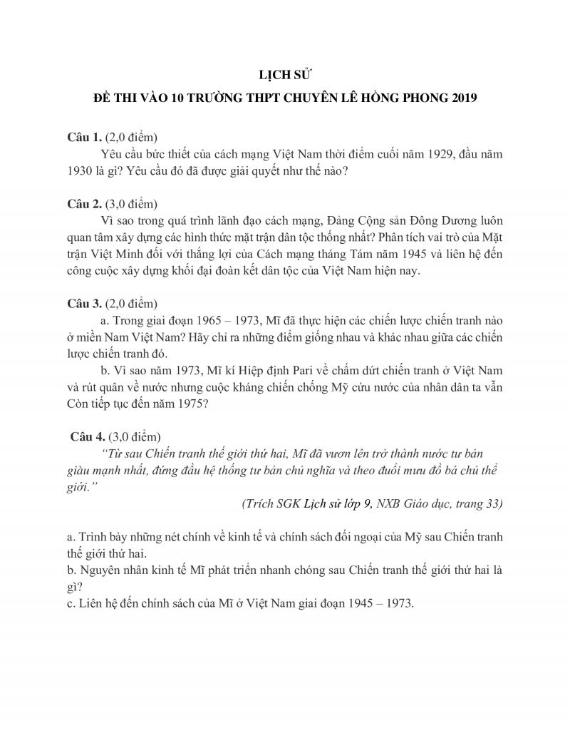 Đề thi tuyển sinh vào lớp 10 Trường THPT CHUYÊN Lê Hồng Phong môn Lịch Sử năm 2019