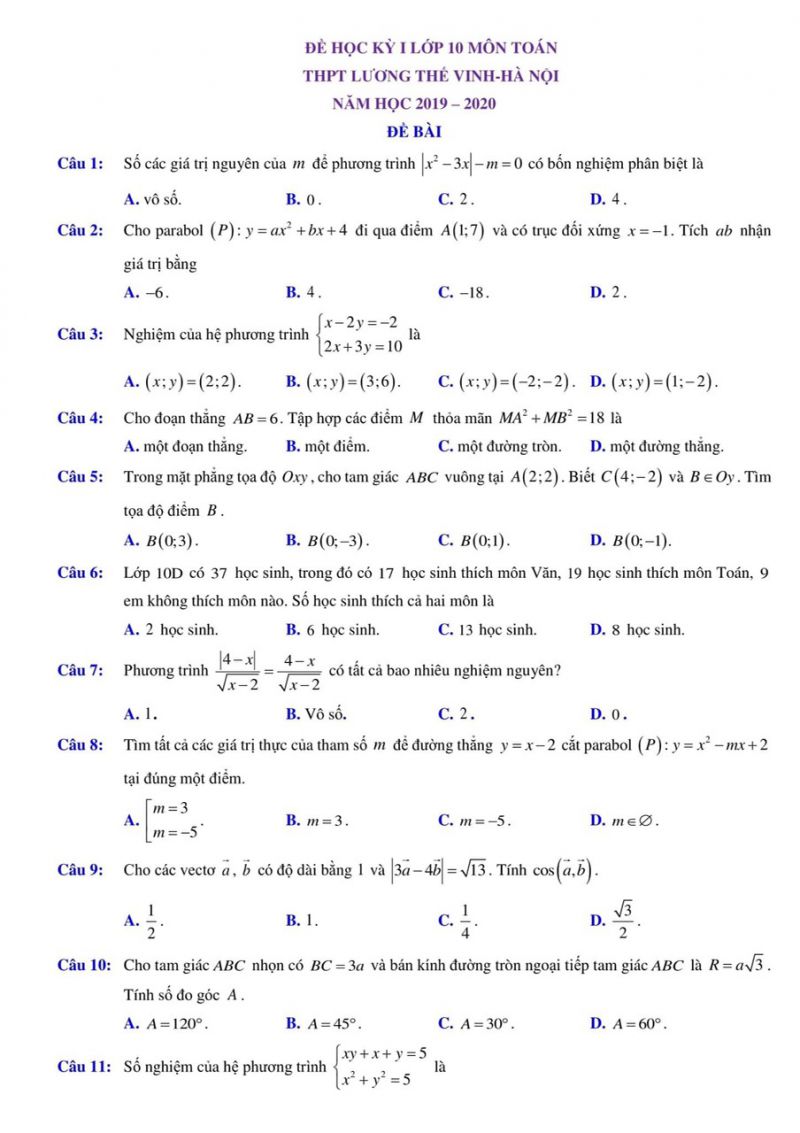Đề thi học kì I môn Toán lớp 10 Trường THPT Lương Thế Vinh năm 2019