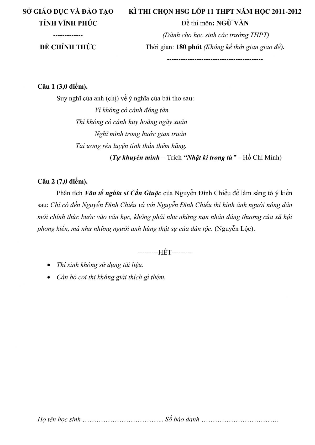Đề thi chọn HSG lớp 11 THPT m&ocirc;n Ngữ văn tỉnh Vĩnh Ph&uacute;c năm 2011