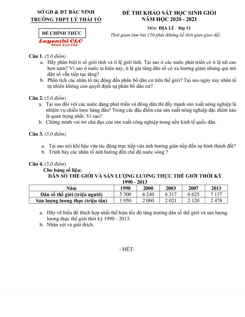 Đề thi khảo sát HSG môn Địa Lý lớp 11 Trường THPT Lý Thái Tổ tỉnh Bắc Ninh năm 2020