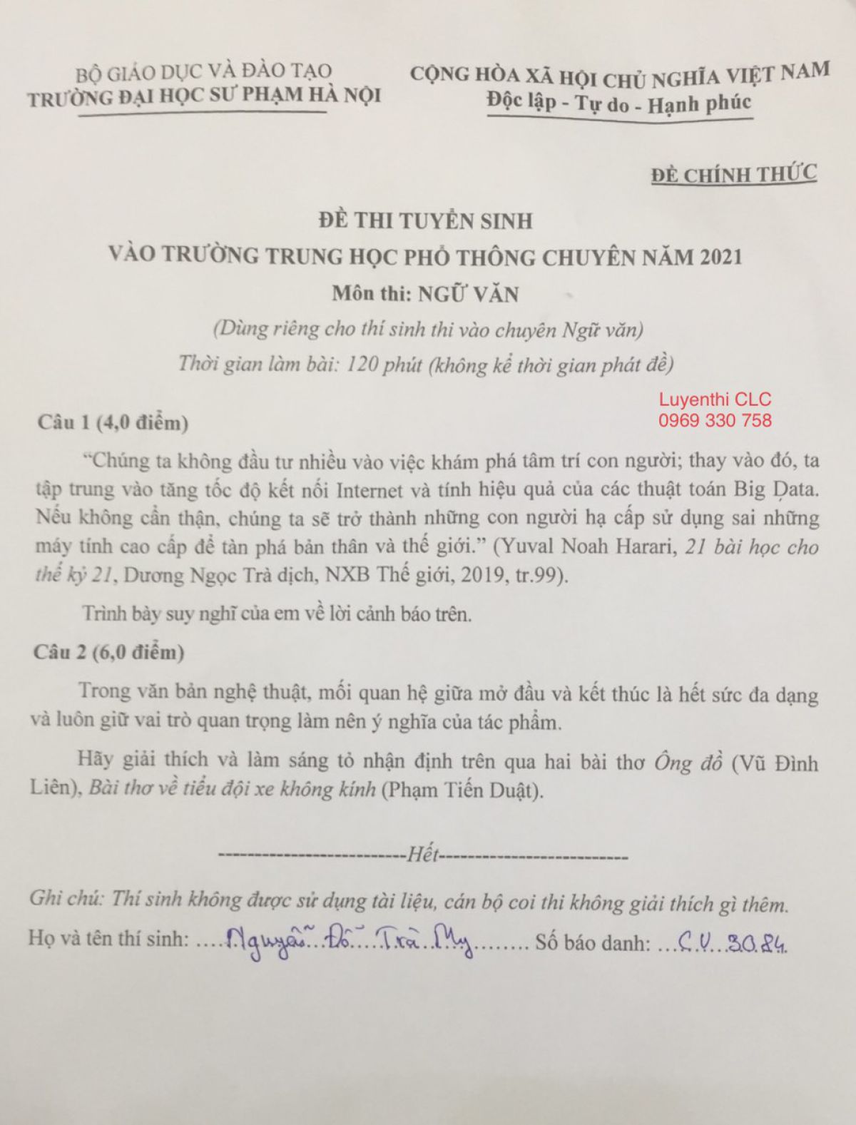 Đề thi tuyển sinh vào trường THPT CHUYÊN môn Ngữ Văn Trường Đại học Sư phạm Hà Nội năm 2021