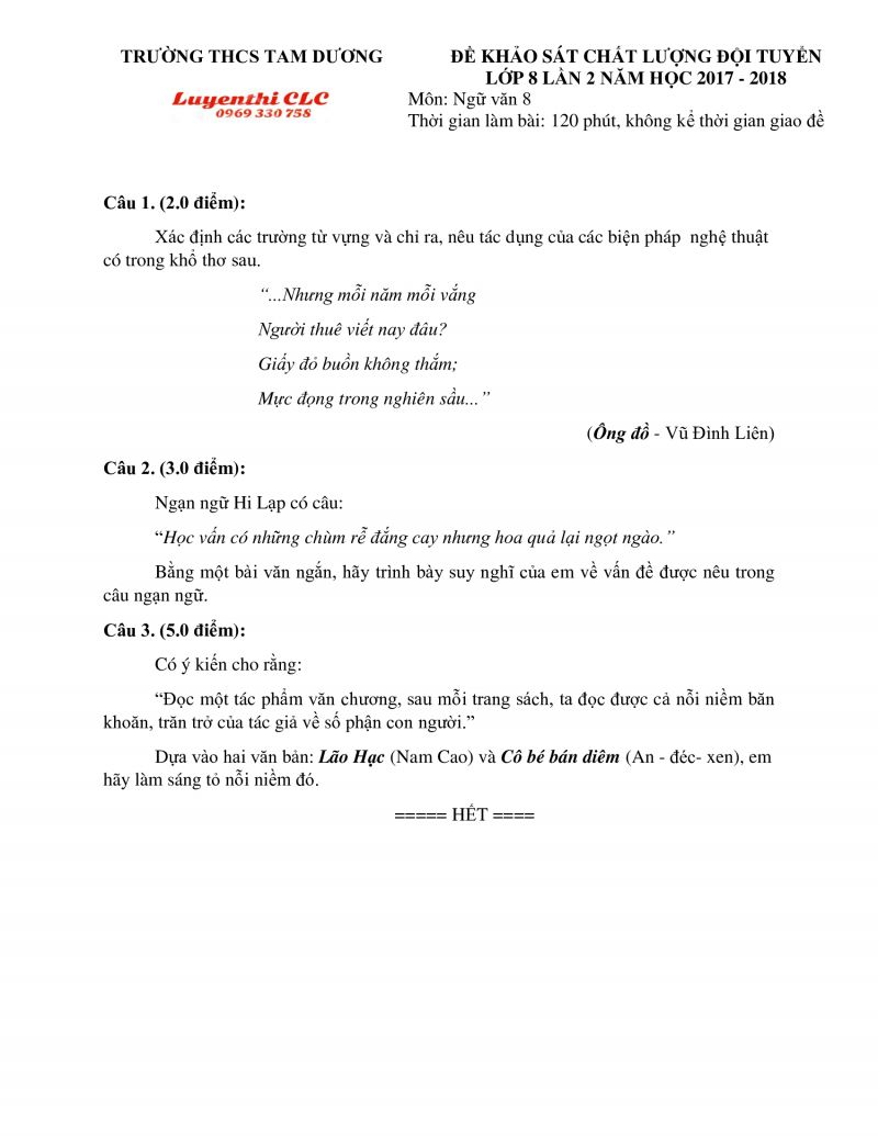 Đề thi khảo sát chất lượng đội tuyển HSG môn Ngữ Văn lớp 8 - lần 2 tỉnh Vĩnh Phúc năm 2018