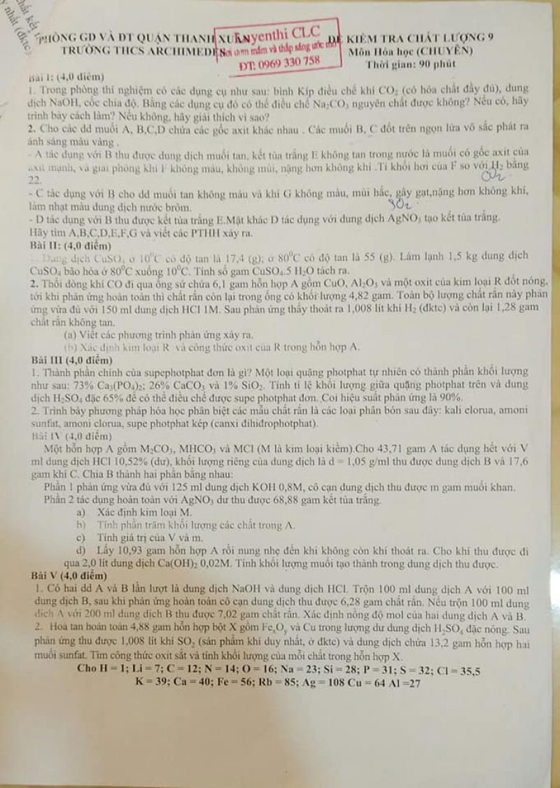 Đề kiểm tra chất lượng môn Hóa Học ( chuyên ) lớp 9 quận Thanh Xuân