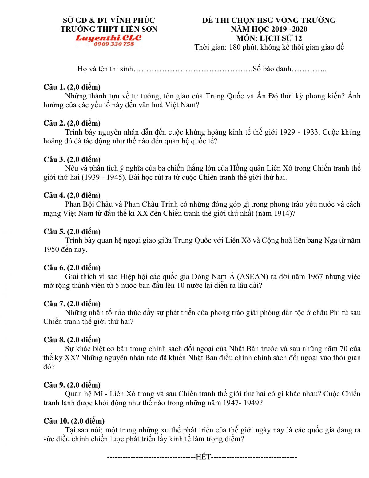 Đề thi chọn HSG vòng trường môn Lịch Sử lớp 12 Trường THPT Liễn Sơn năm 2019