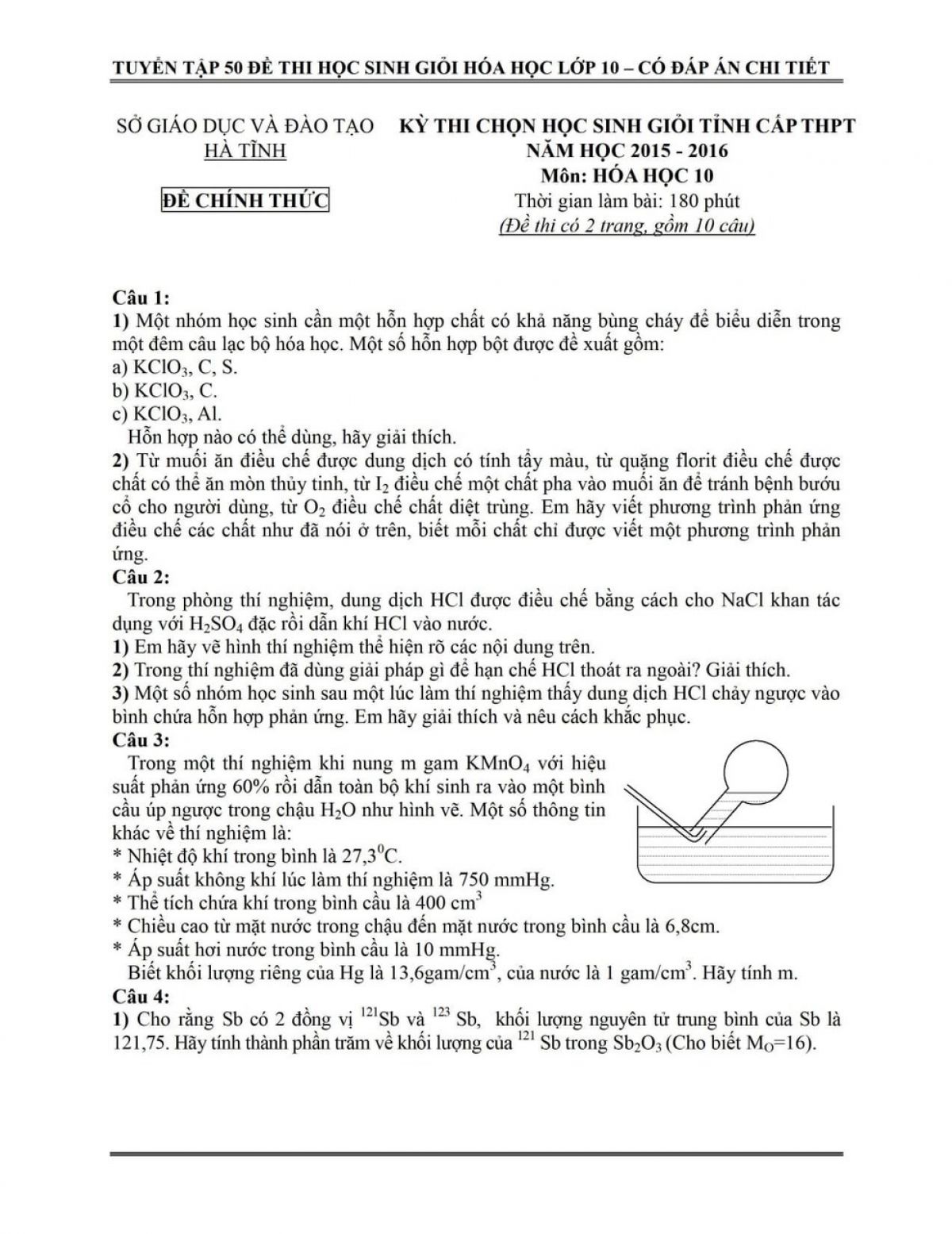 Tuyển tập đề thi HSG m&ocirc;n H&oacute;a Học lớp 10 - C&oacute; đ&aacute;p &aacute;n chi tiết