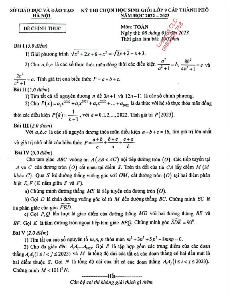 Đề thi chọn HSG môn Toán lớp 9 tại Hà Nội năm 2023