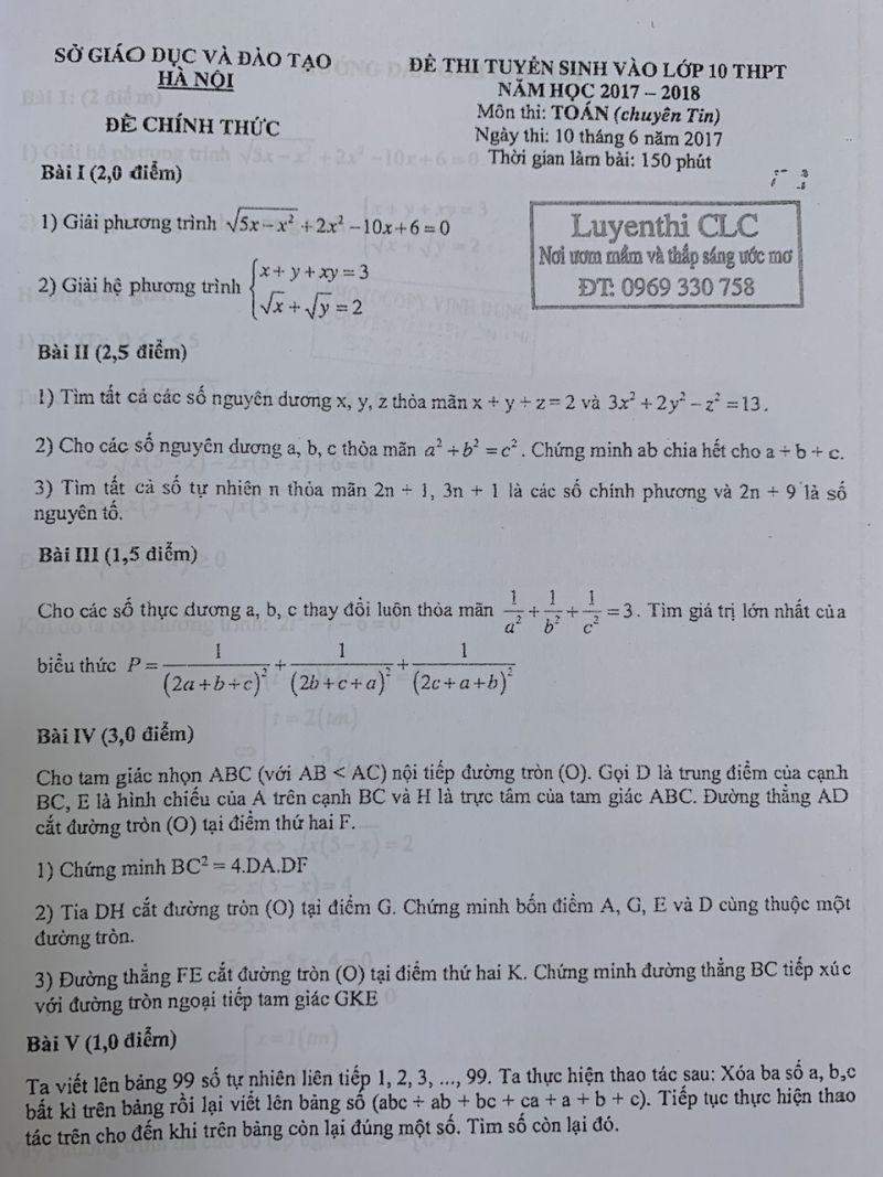 Đề thi tuyển sinh vào lớp 10 THPT môn Toán ( chuyên Tin ) thành phố Hà Nội ngày 10/6/2017
