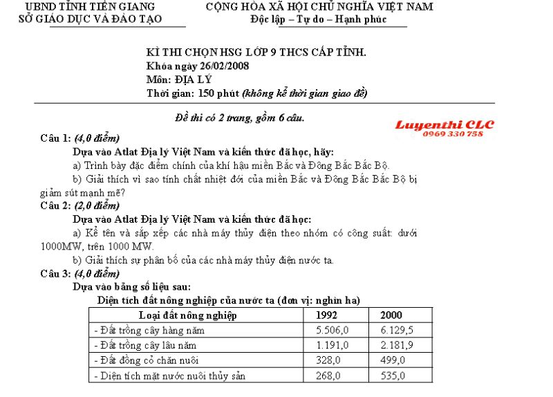 Đề thi chọn HSG lớp 9 THCS cấp tỉnh môn Địa Lý tỉnh Tiền Giang năm 2008