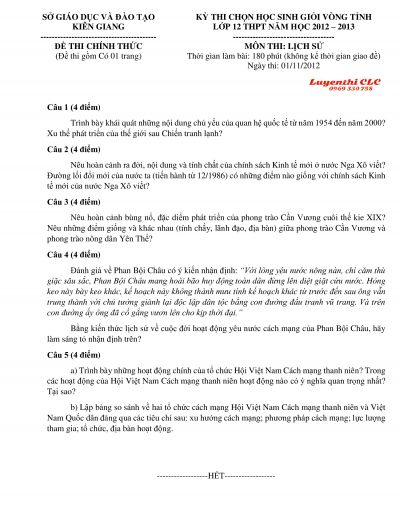 Đề thi chọn HSG môn Lịch Sử lớp 12 THPT tỉnh Kiên Giang năm 2012