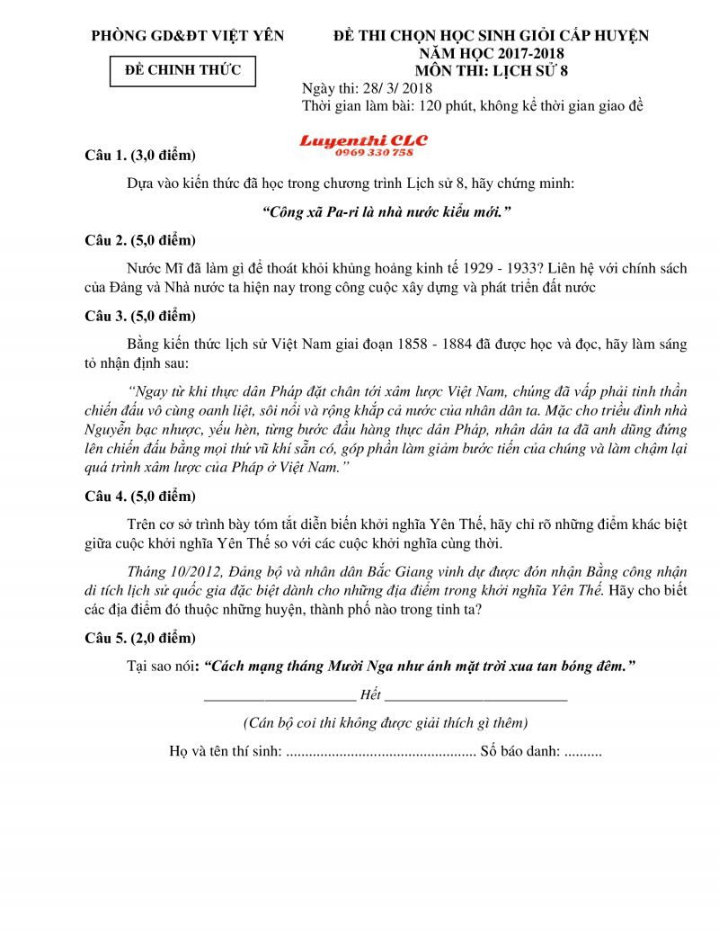 Đề thi chọn HSG cấp huyện môn Lịch Sử lớp 8 huyện Việt Yên, tỉnh Bắc Giang năm 2018