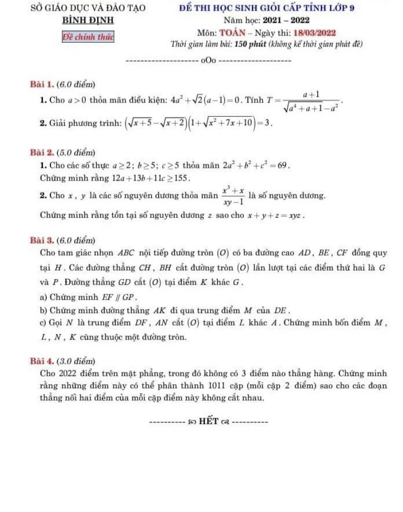Đề thi chọn HSG môn Toán lớp 9 tỉnh Bình Định năm 2022