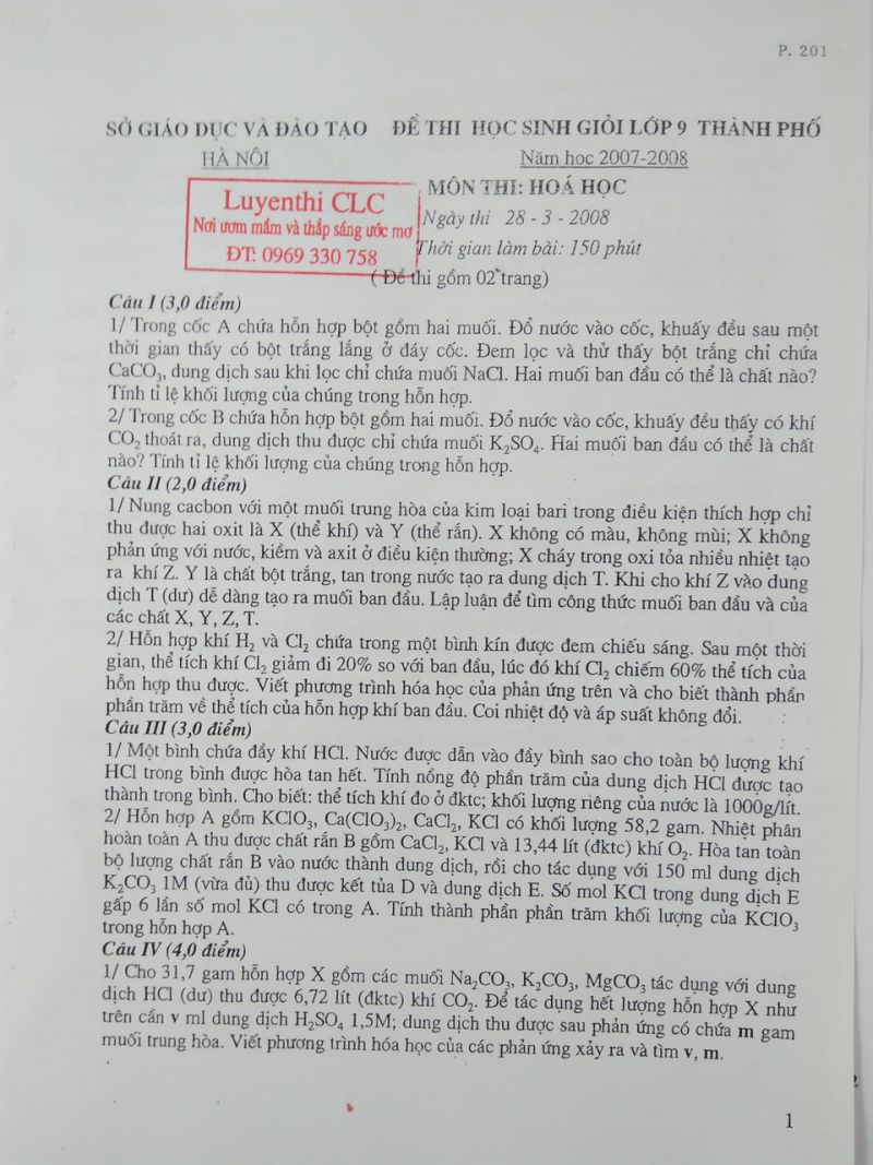 Đề thi chọn HSG lớp 9 thành phố môn Hóa Học tại Hà Nội năm 2008