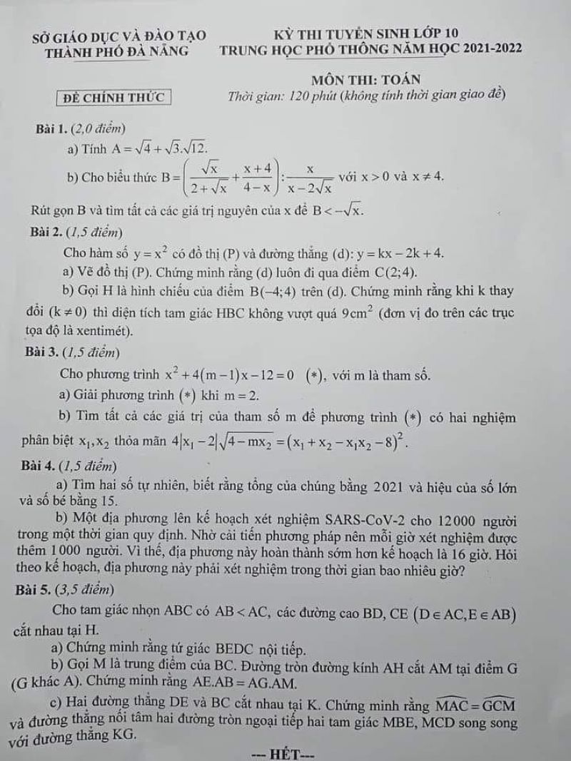 Đề thi tuyển sinh vào lớp 10 THPT môn Toán thành phố Đà Nẵng năm 2021