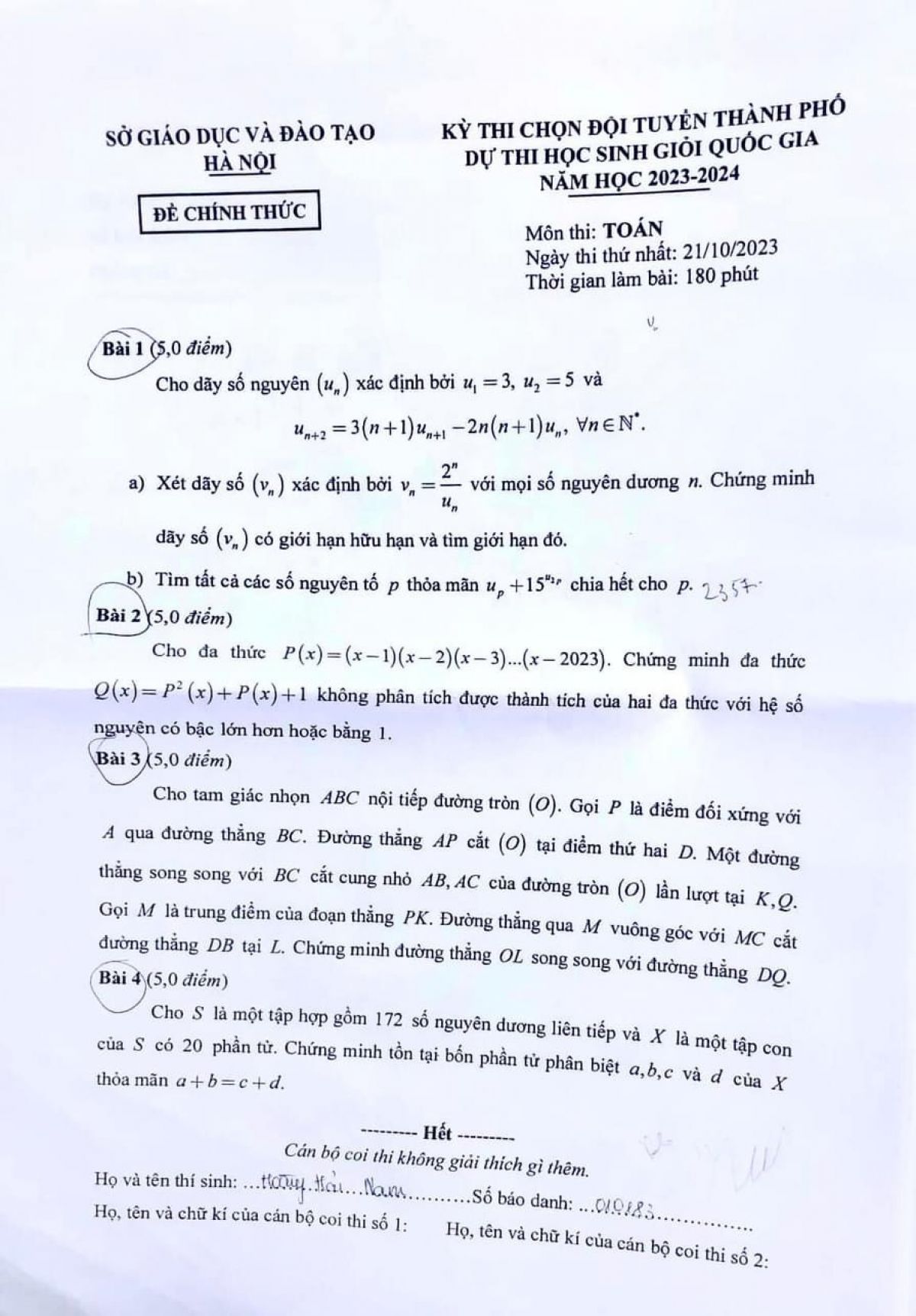 Đề thi chọn đội tuyển dự thi HSG Quốc Gia m&ocirc;n To&aacute;n tại H&agrave; Nội năm 2023