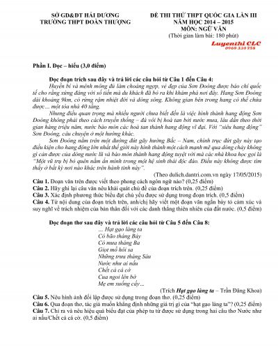 Đề thi thử THPT Quốc Gia lần III môn Ngữ Văn Trường THPT Đoàn Thượng tỉnh Hải Dương năm 2015