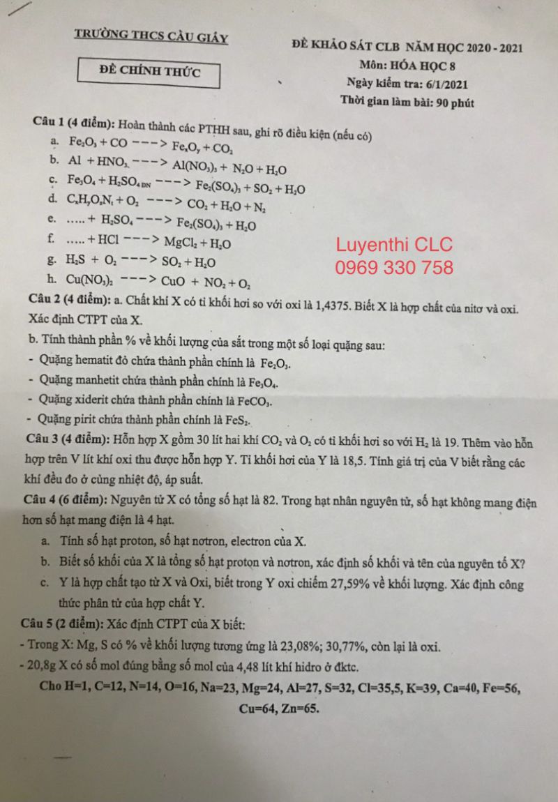 Đề khảo sát CLB môn Hóa Học lớp 8 Trường THCS Cầu Giầy năm 2021