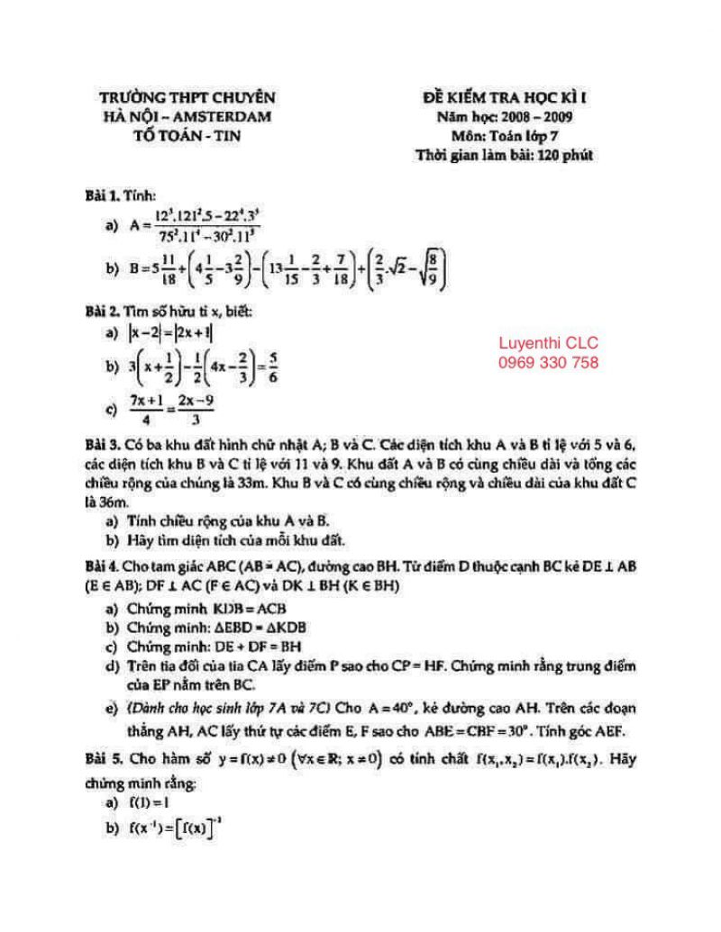 Đề kiểm tra học kì I môn Toán lớp 7 Trường THPT CHUYÊN Amsterdam năm 2008